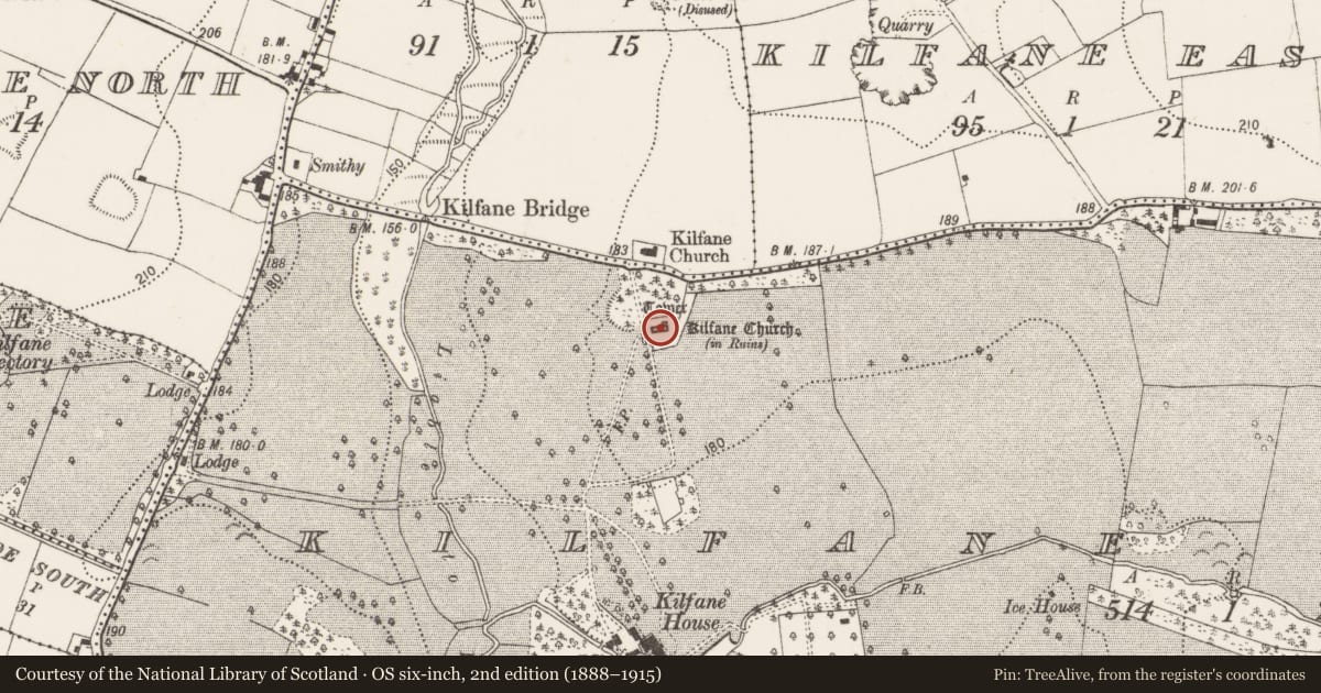 Ordnance Survey six-inch map, 2nd edition (1888–1915) covering the location of Graveyard, Kilfane Demesne, County Kilkenny, with a pin at the register's coordinates