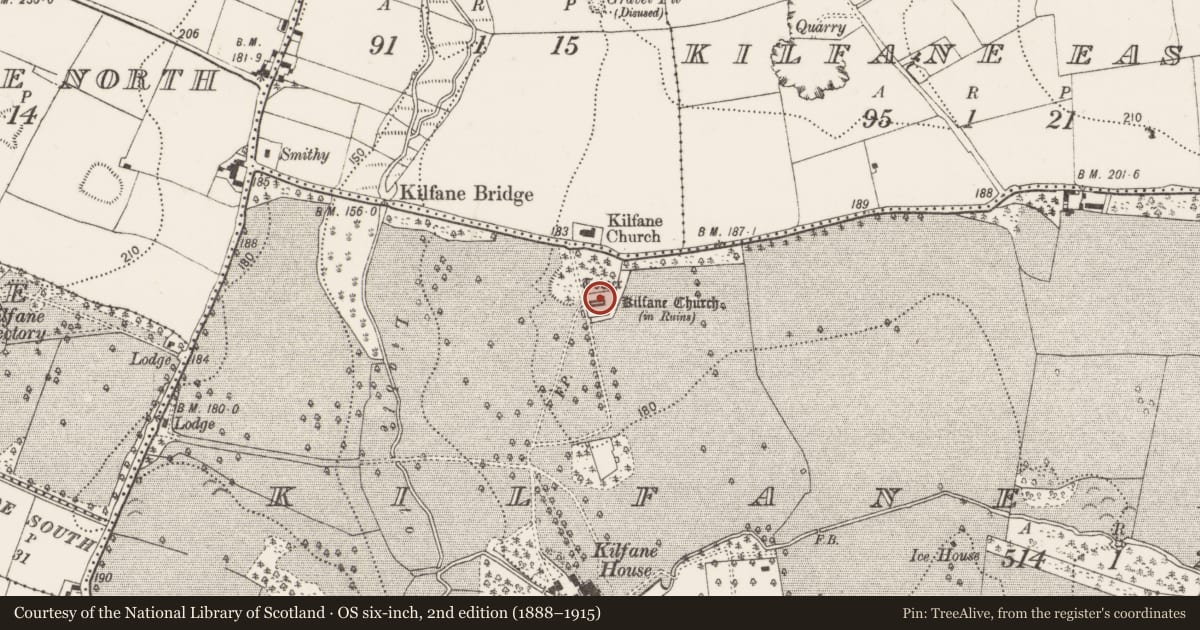 Ordnance Survey six-inch map, 2nd edition (1888–1915) covering the location of Tomb - effigial, Kilfane Demesne, County Kilkenny, with a pin at the register's coordinates