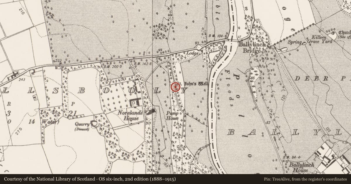 Ordnance Survey six-inch map, 2nd edition (1888–1915) covering the location of Ritual site - holy well, Cotterellsbooly, County Kilkenny, with a pin at the register's coordinates