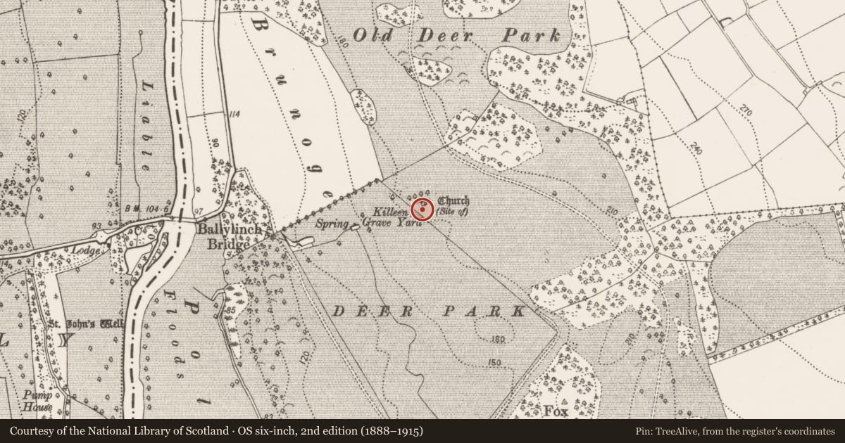 Ordnance Survey six-inch map, 2nd edition (1888–1915) covering the location of Graveyard, Ballylinch Demesne, County Kilkenny, with a pin at the register's coordinates