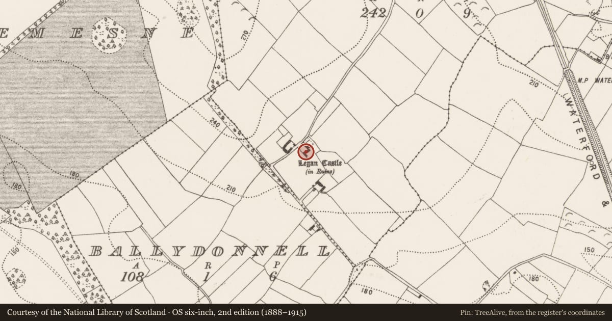 Ordnance Survey six-inch map, 2nd edition (1888–1915) covering the location of Castle - unclassified, Legan, County Kilkenny, with a pin at the register's coordinates