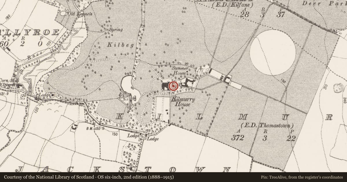 Ordnance Survey six-inch map, 2nd edition (1888–1915) covering the location of House - 17th century, Kilmurry, County Kilkenny, with a pin at the register's coordinates