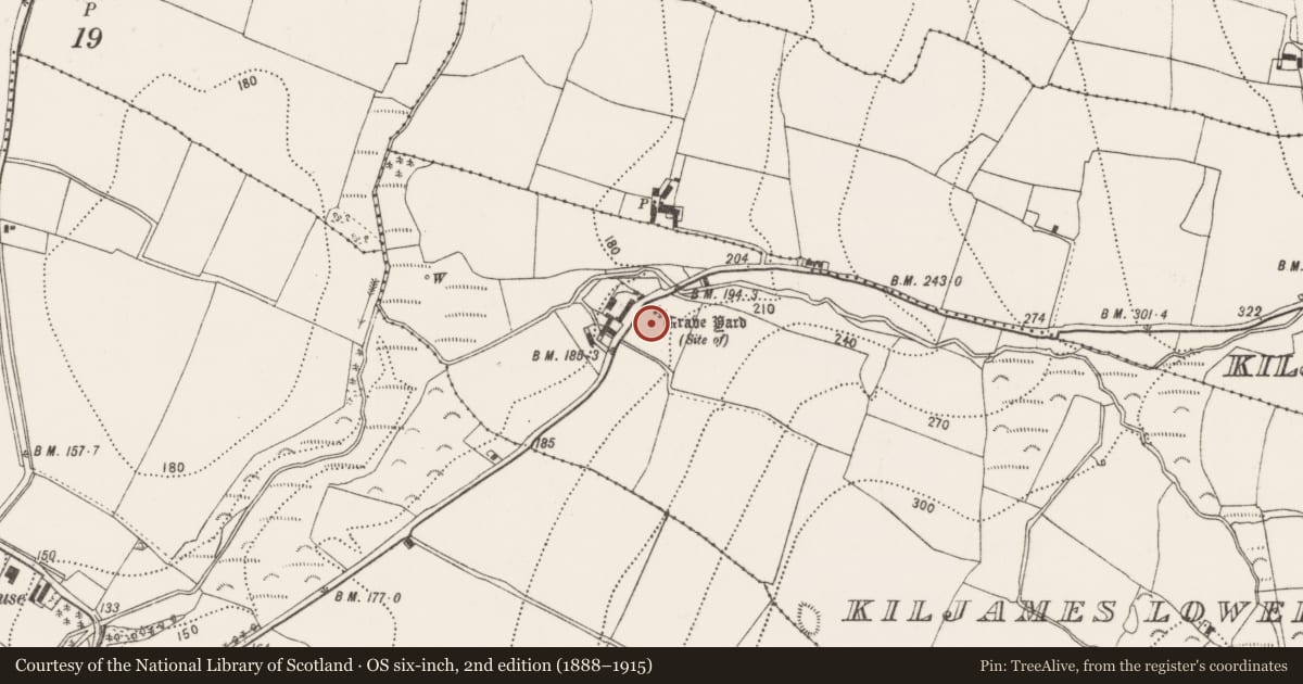 Ordnance Survey six-inch map, 2nd edition (1888–1915) covering the location of Graveyard, Kiljames Lower, County Kilkenny, with a pin at the register's coordinates