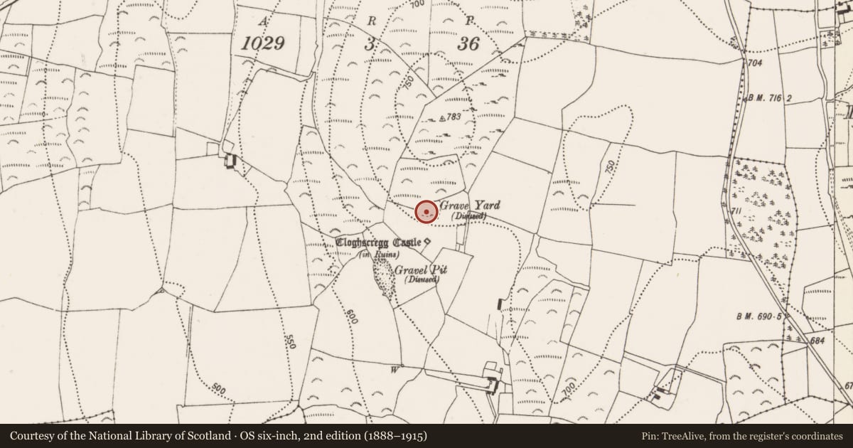 Ordnance Survey six-inch map, 2nd edition (1888–1915) covering the location of Church, Cloghscregg, County Kilkenny, with a pin at the register's coordinates