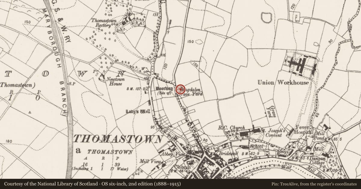 Ordnance Survey six-inch map, 2nd edition (1888–1915) covering the location of Church, Cloghabrody, County Kilkenny, with a pin at the register's coordinates