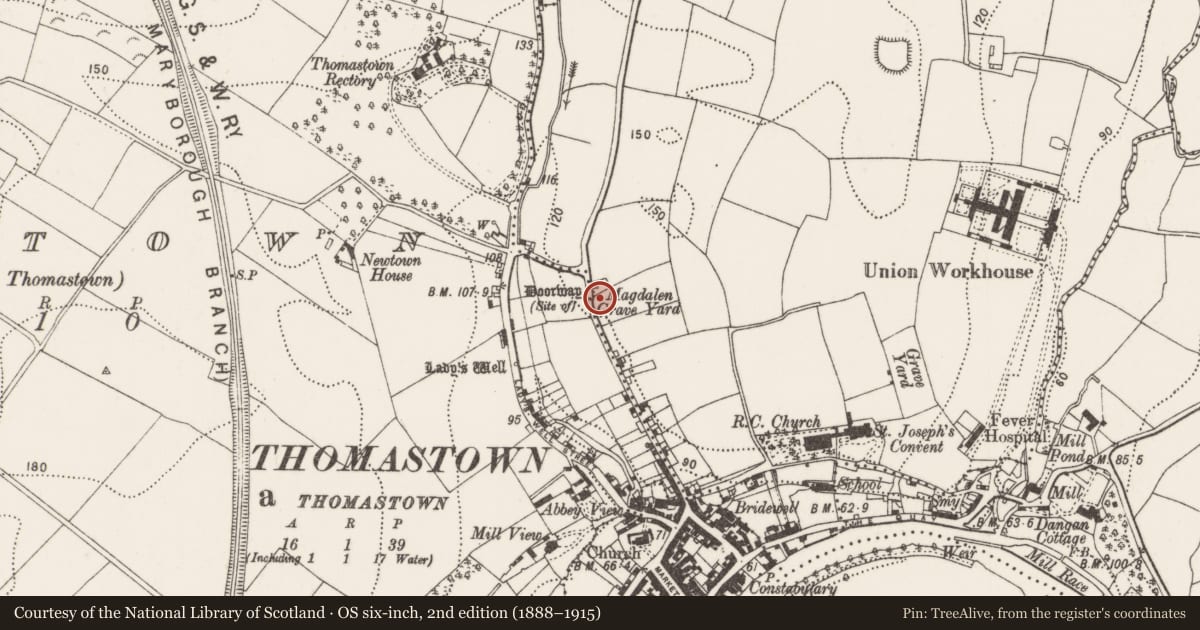 Ordnance Survey six-inch map, 2nd edition (1888–1915) covering the location of Architectural fragment, Cloghabrody, County Kilkenny, with a pin at the register's coordinates
