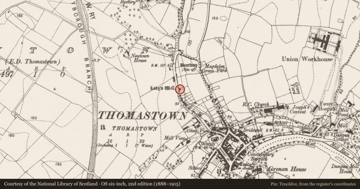 Ordnance Survey six-inch map, 2nd edition (1888–1915) covering the location of Ritual site - holy well, Newtown, County Kilkenny, with a pin at the register's coordinates