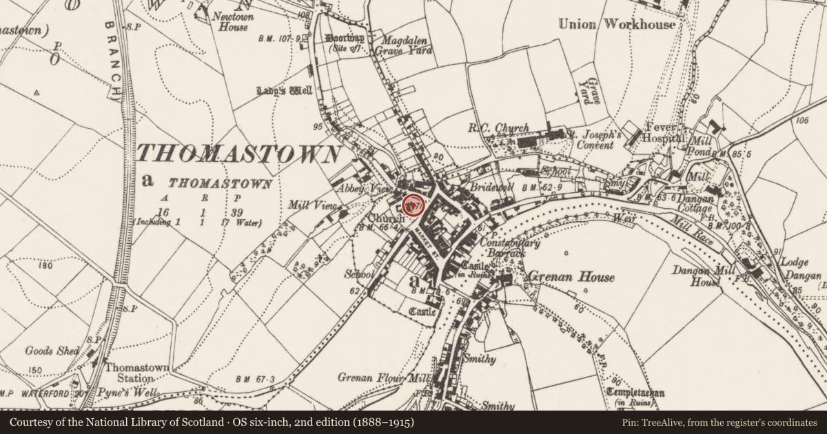 Ordnance Survey six-inch map, 2nd edition (1888–1915) covering the location of Church, Thomastown, County Kilkenny, with a pin at the register's coordinates