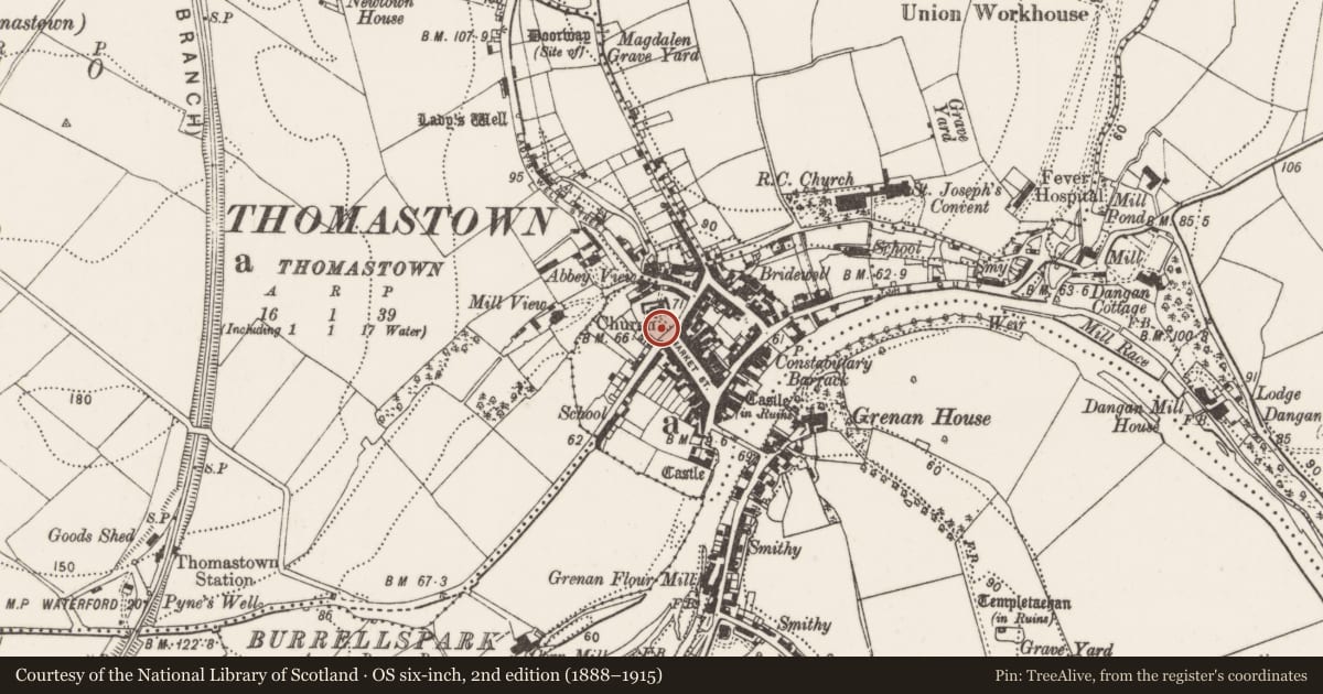 Ordnance Survey six-inch map, 2nd edition (1888–1915) covering the location of Cross - High cross, Thomastown, County Kilkenny, with a pin at the register's coordinates