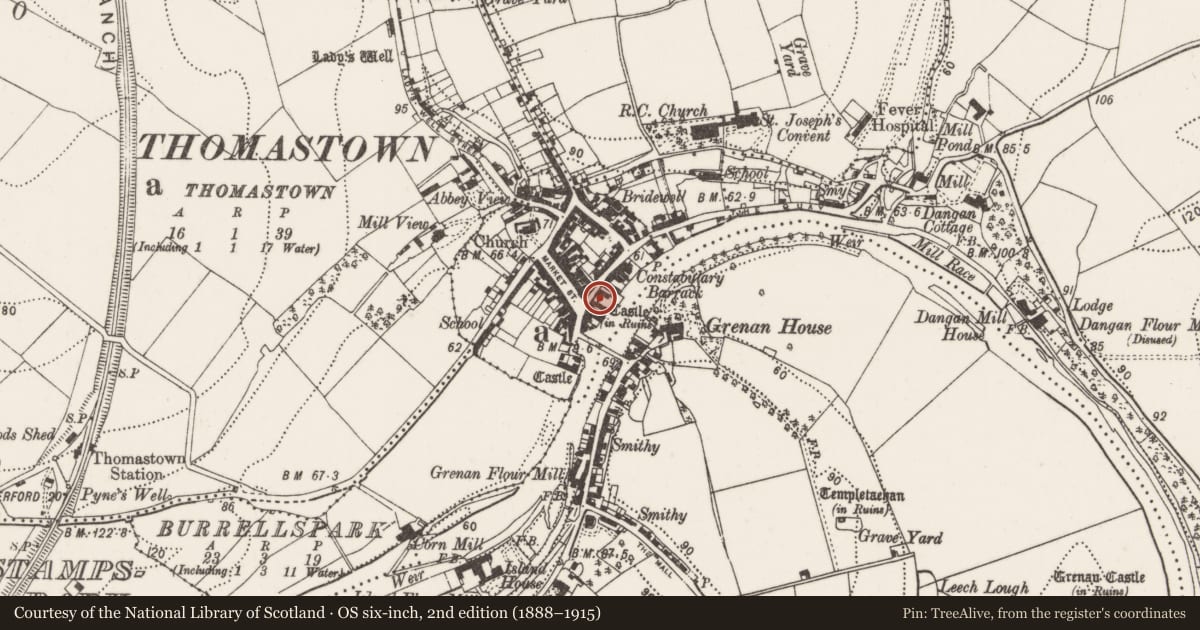 Ordnance Survey six-inch map, 2nd edition (1888–1915) covering the location of House - fortified house, Thomastown, County Kilkenny, with a pin at the register's coordinates