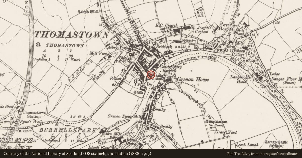 Ordnance Survey six-inch map, 2nd edition (1888–1915) covering the location of Font, Thomastown, County Kilkenny, with a pin at the register's coordinates