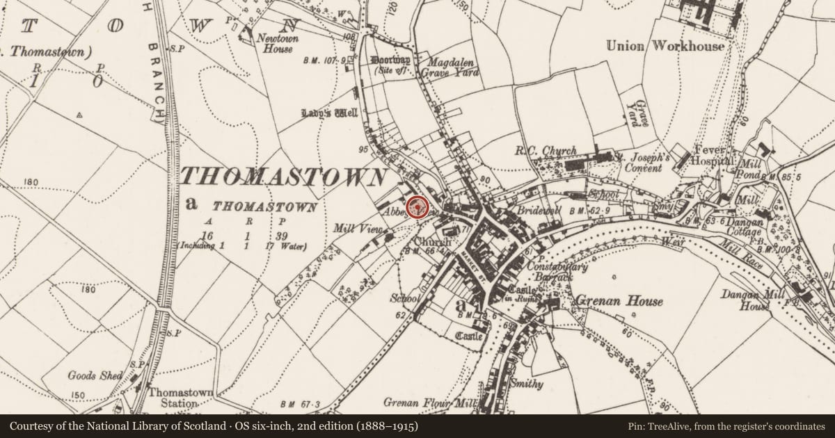 Ordnance Survey six-inch map, 2nd edition (1888–1915) covering the location of House - 16th/17th century, Newtown, County Kilkenny, with a pin at the register's coordinates