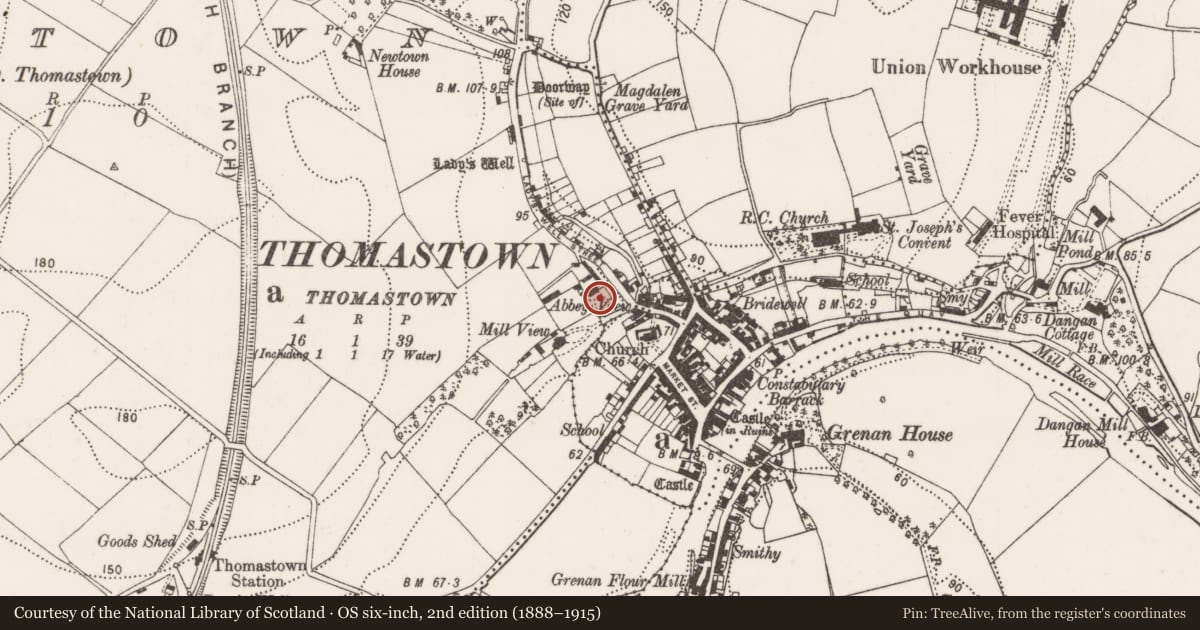 Ordnance Survey six-inch map, 2nd edition (1888–1915) covering the location of Burial, Newtown, County Kilkenny, with a pin at the register's coordinates