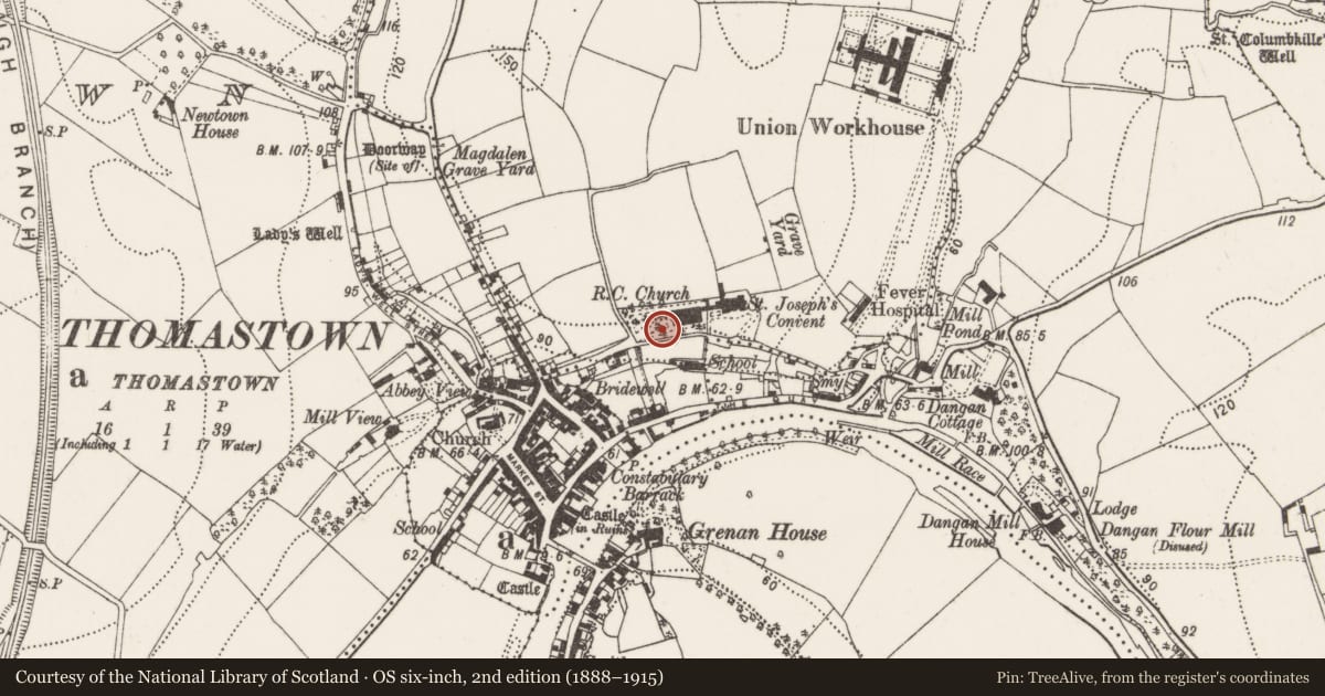 Ordnance Survey six-inch map, 2nd edition (1888–1915) covering the location of Burial ground, Cloghabrody, County Kilkenny, with a pin at the register's coordinates