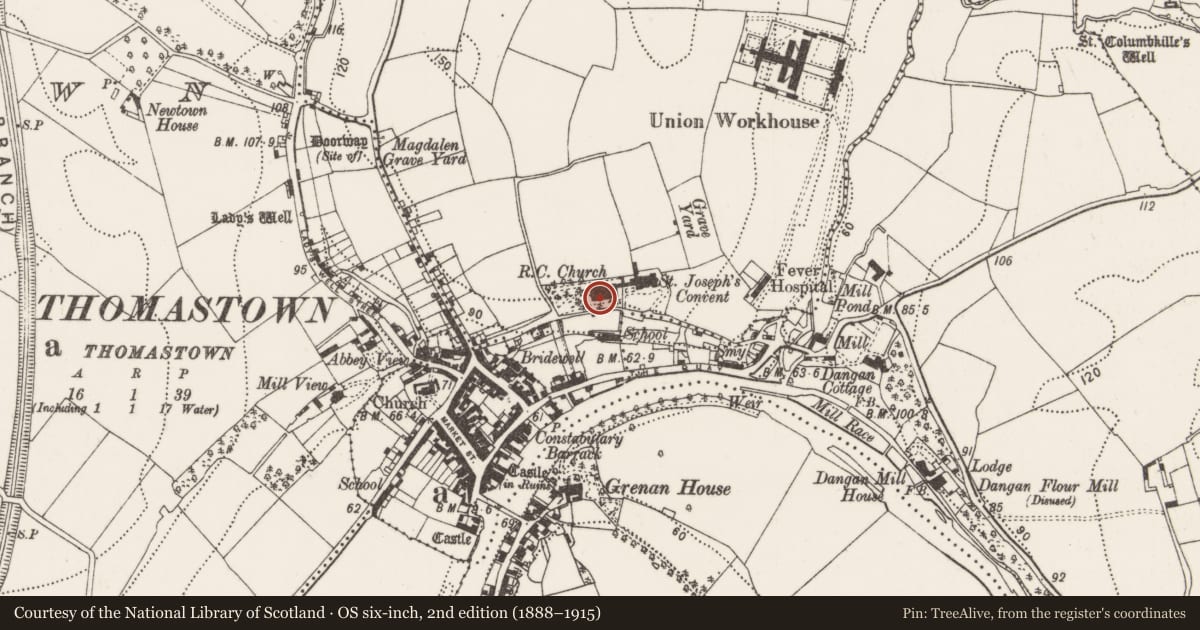 Ordnance Survey six-inch map, 2nd edition (1888–1915) covering the location of Font, Cloghabrody, County Kilkenny, with a pin at the register's coordinates