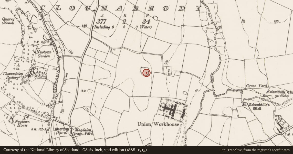 Ordnance Survey six-inch map, 2nd edition (1888–1915) covering the location of Enclosure, Cloghabrody, County Kilkenny, with a pin at the register's coordinates