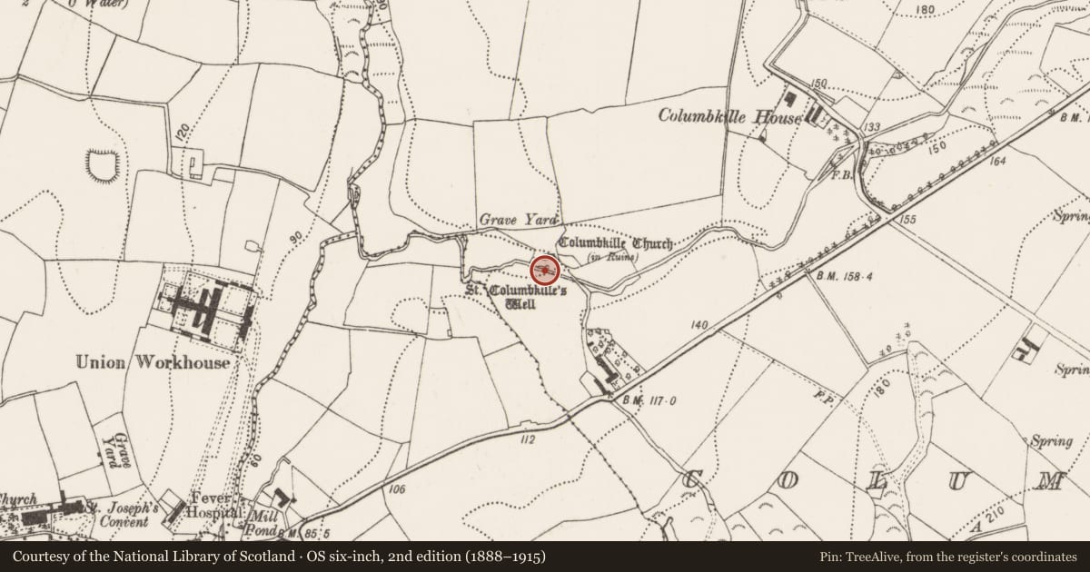 Ordnance Survey six-inch map, 2nd edition (1888–1915) covering the location of Ritual site - holy well, Columbkille, County Kilkenny, with a pin at the register's coordinates