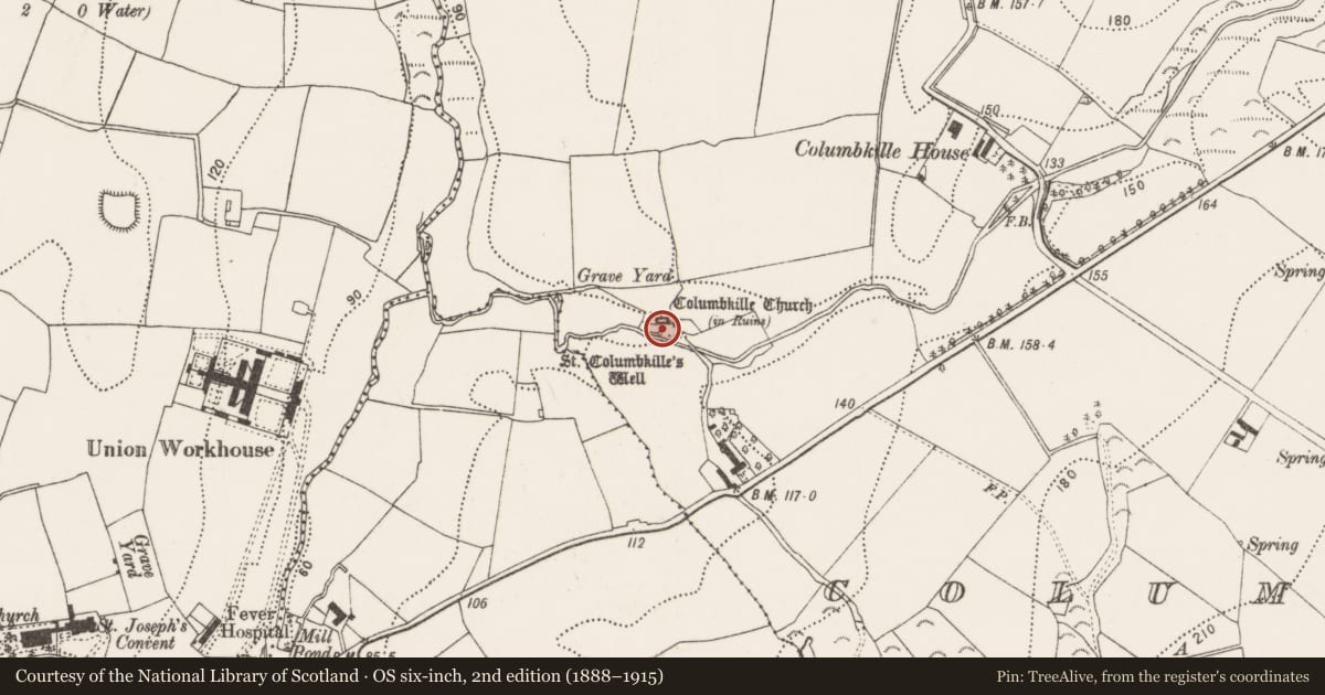 Ordnance Survey six-inch map, 2nd edition (1888–1915) covering the location of Font, Columbkille, County Kilkenny, with a pin at the register's coordinates
