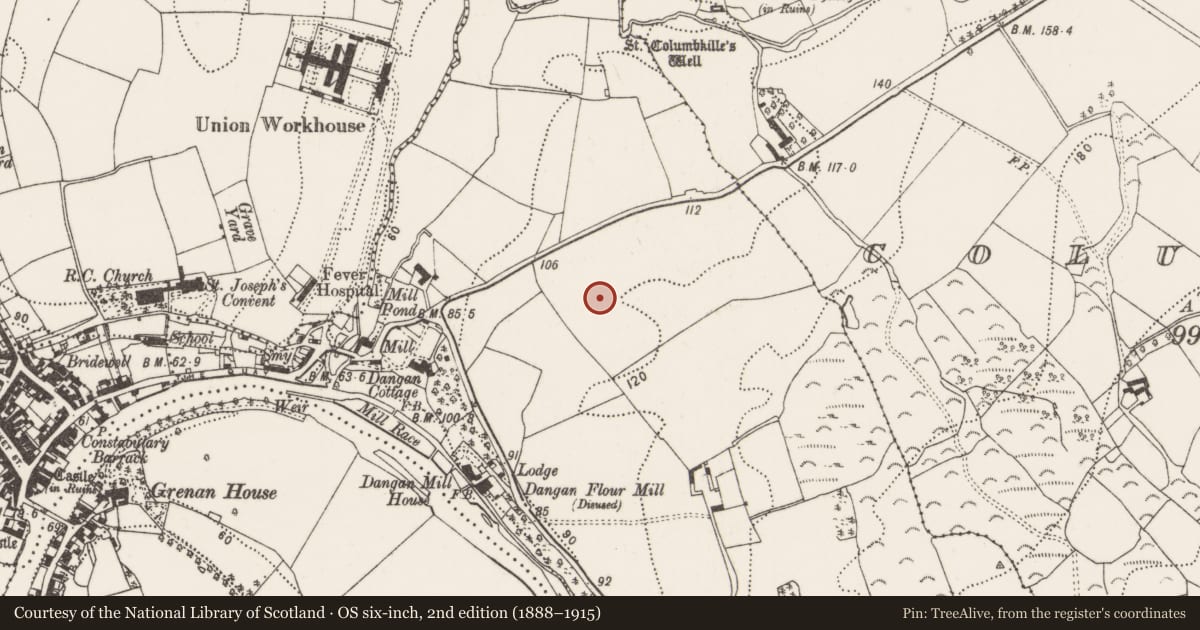 Ordnance Survey six-inch map, 2nd edition (1888–1915) covering the location of Enclosure, Dangan, County Kilkenny, with a pin at the register's coordinates