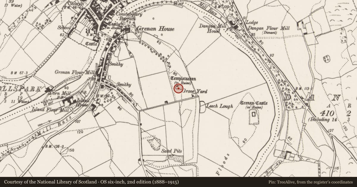 Ordnance Survey six-inch map, 2nd edition (1888–1915) covering the location of Church, Grenan, County Kilkenny, with a pin at the register's coordinates