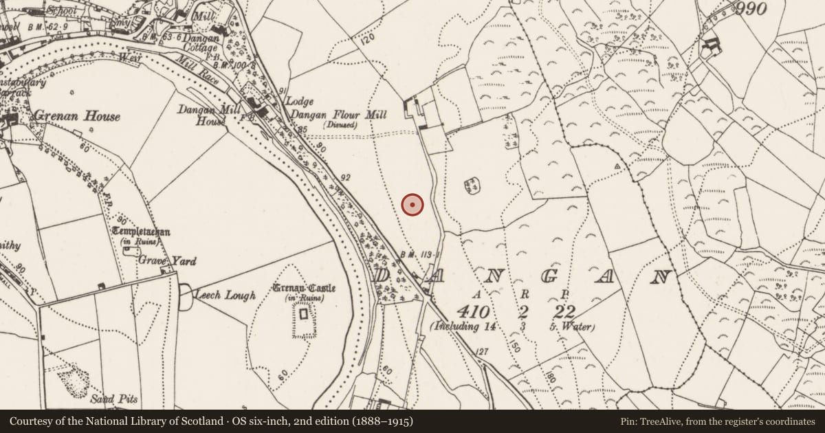 Ordnance Survey six-inch map, 2nd edition (1888–1915) covering the location of Cairn - unclassified, Dangan, County Kilkenny, with a pin at the register's coordinates