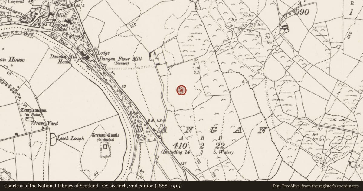 Ordnance Survey six-inch map, 2nd edition (1888–1915) covering the location of Enclosure, Dangan, County Kilkenny, with a pin at the register's coordinates