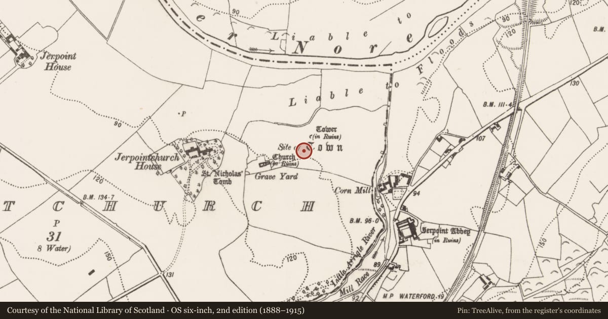 Ordnance Survey six-inch map, 2nd edition (1888–1915) covering the location of Settlement deserted - medieval, Jerpointchurch, County Kilkenny, with a pin at the register's coordinates