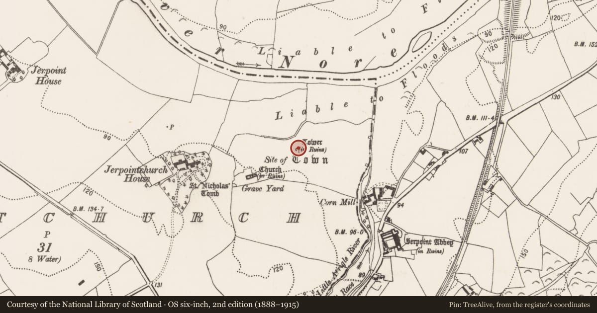 Ordnance Survey six-inch map, 2nd edition (1888–1915) covering the location of Building, Jerpointchurch, County Kilkenny, with a pin at the register's coordinates