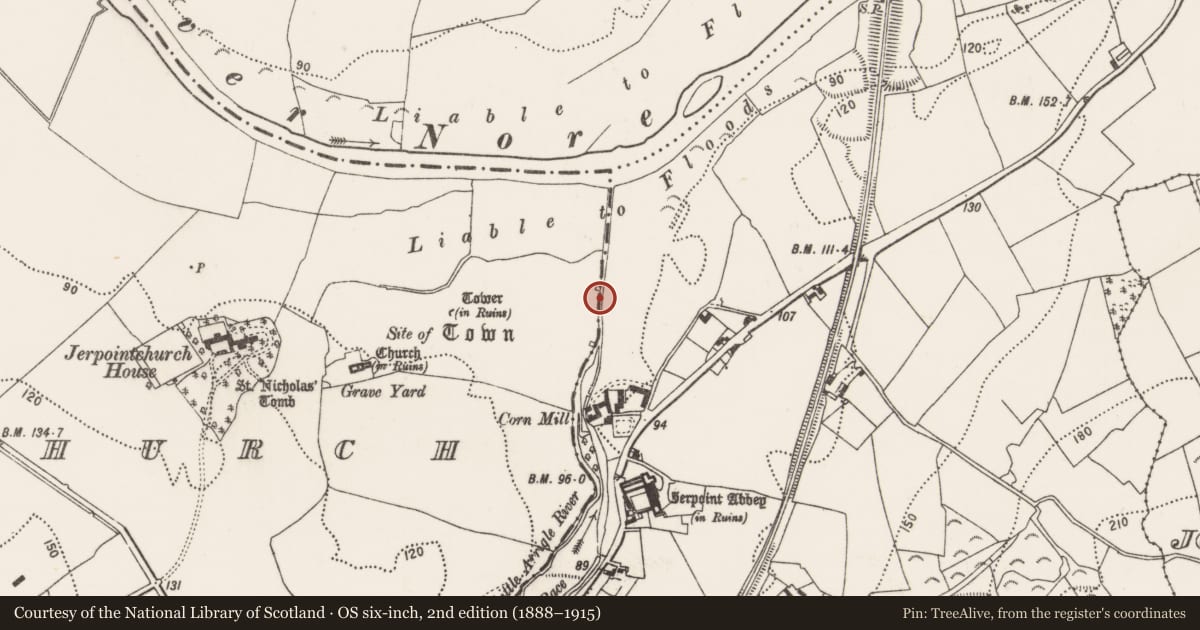 Ordnance Survey six-inch map, 2nd edition (1888–1915) covering the location of Mill - unclassified, Jerpointchurch, County Kilkenny, with a pin at the register's coordinates