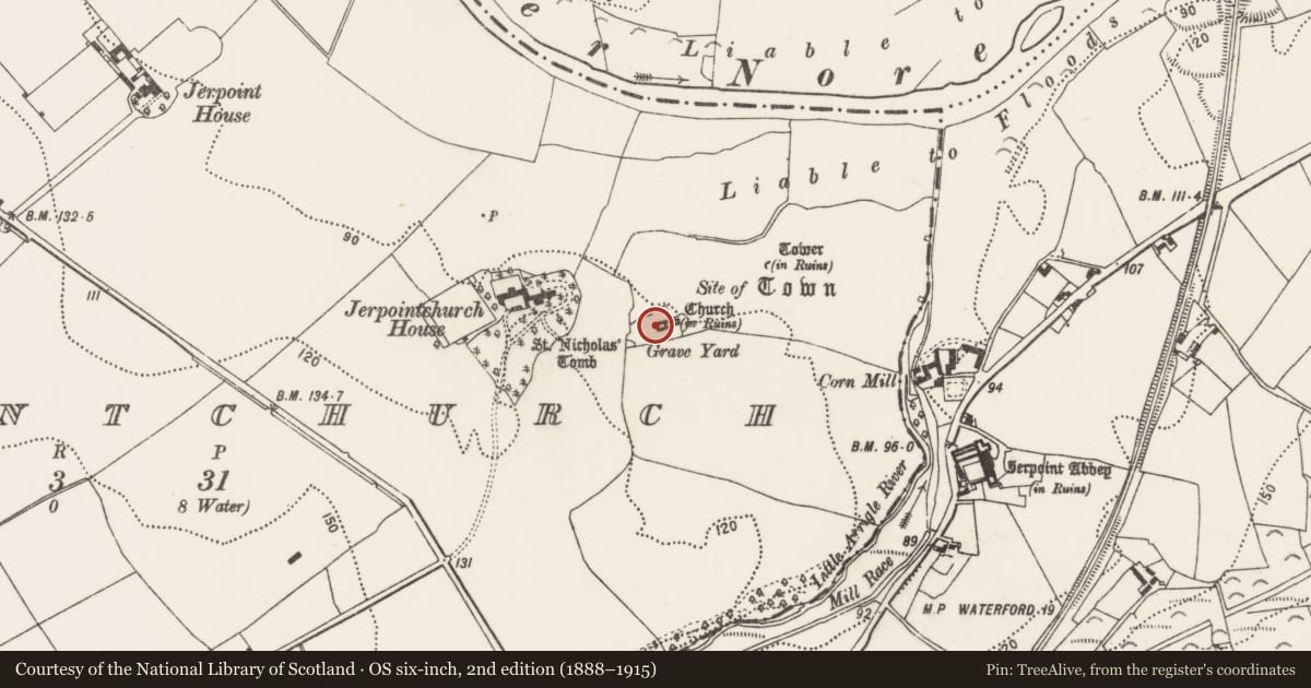 Ordnance Survey six-inch map, 2nd edition (1888–1915) covering the location of Graveyard, Jerpointchurch, County Kilkenny, with a pin at the register's coordinates