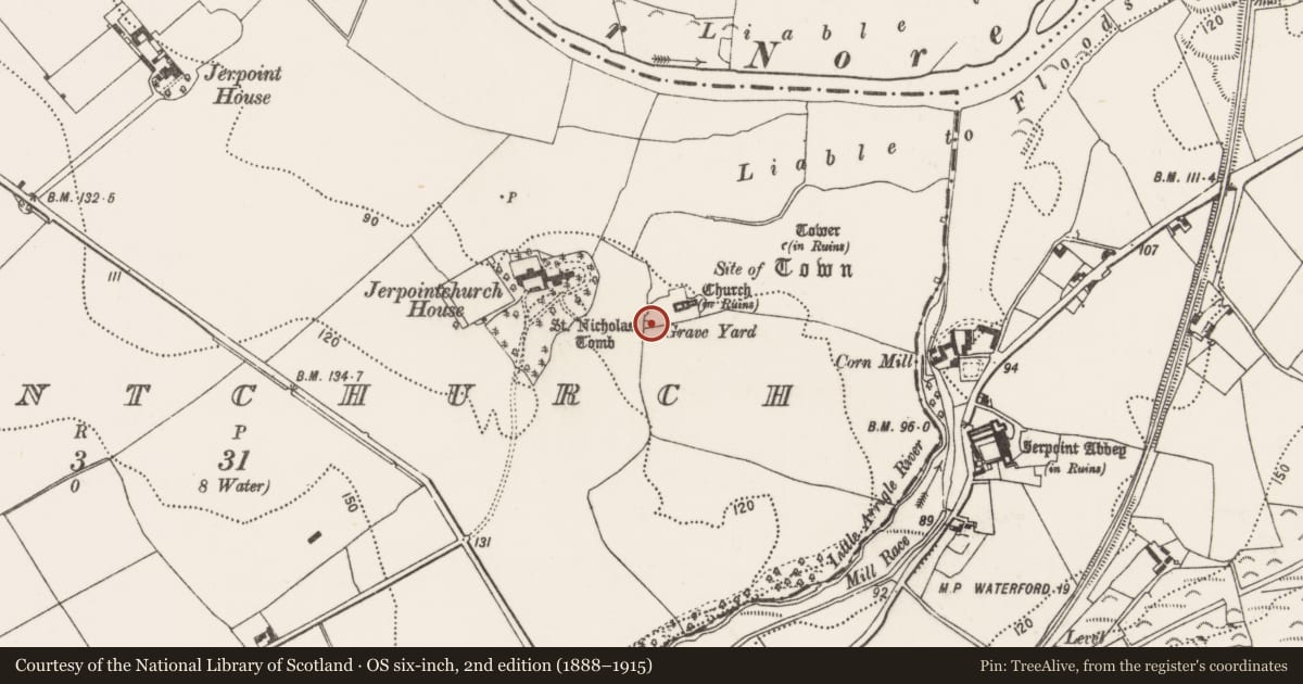 Ordnance Survey six-inch map, 2nd edition (1888–1915) covering the location of Tomb - unclassified, Jerpointchurch, County Kilkenny, with a pin at the register's coordinates