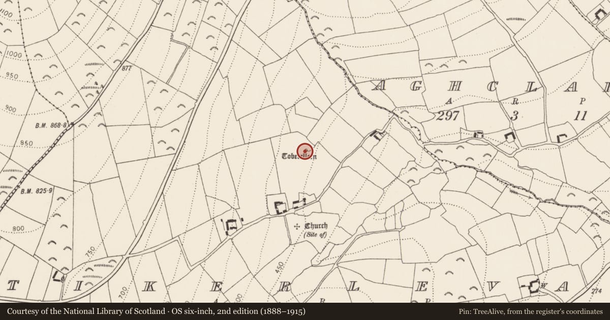 Ordnance Survey six-inch map, 2nd edition (1888–1915) covering the location of Ritual site - holy well, Tikerlevan, County Kilkenny, with a pin at the register's coordinates