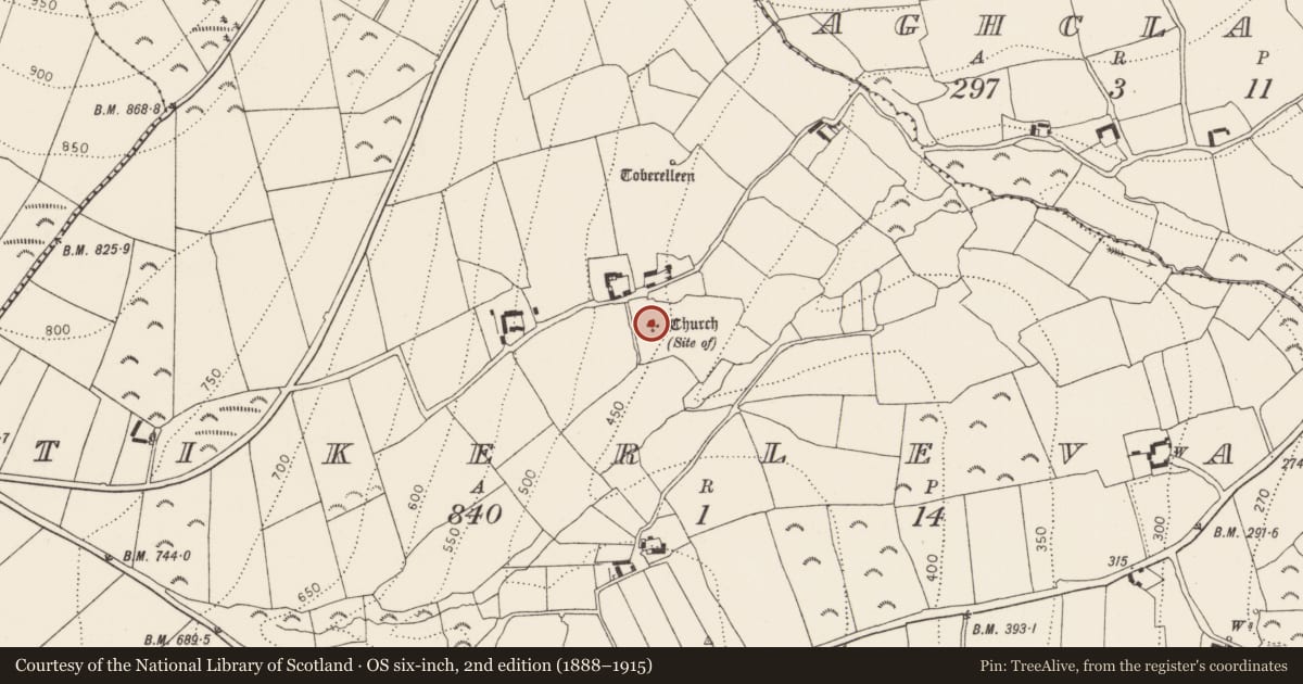 Ordnance Survey six-inch map, 2nd edition (1888–1915) covering the location of Church, Tikerlevan, County Kilkenny, with a pin at the register's coordinates