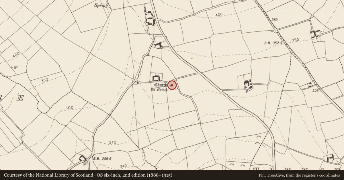 Ordnance Survey six-inch map, 2nd edition (1888–1915) covering the location of Graveyard, Oldgrange, County Kilkenny, with a pin at the register's coordinates