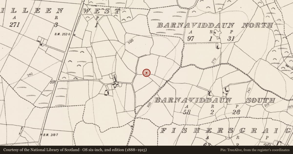 Ordnance Survey six-inch map, 2nd edition (1888–1915) covering the location of Enclosure, Killeen West, County Kilkenny, with a pin at the register's coordinates