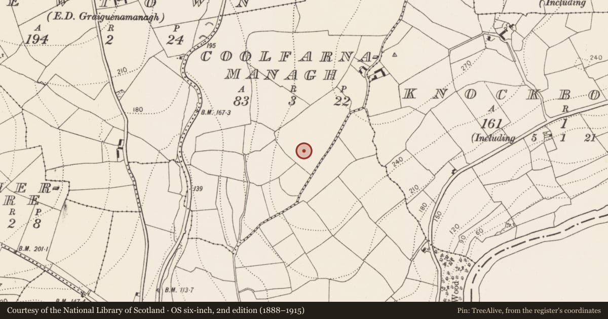Ordnance Survey six-inch map, 2nd edition (1888–1915) covering the location of Enclosure, Coolfarnamanagh, County Kilkenny, with a pin at the register's coordinates