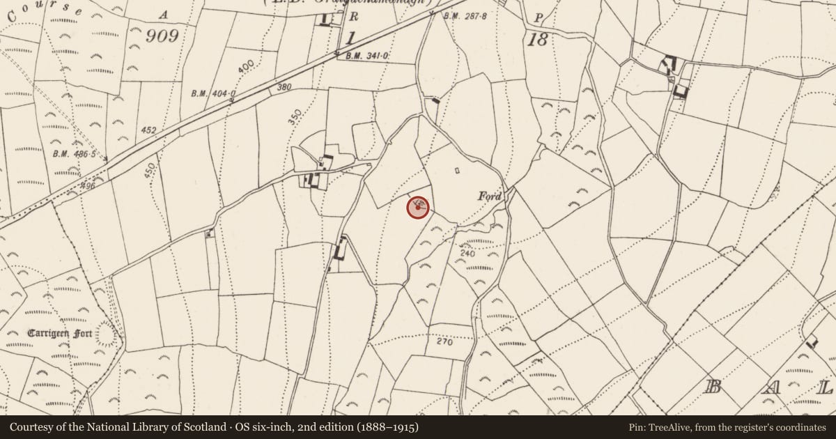 Ordnance Survey six-inch map, 2nd edition (1888–1915) covering the location of Enclosure, Coolroe, County Kilkenny, with a pin at the register's coordinates