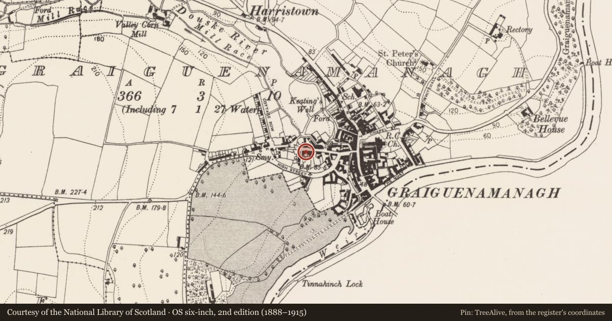 Ordnance Survey six-inch map, 2nd edition (1888–1915) covering the location of Historic town, Graiguenamanagh, County Kilkenny, with a pin at the register's coordinates
