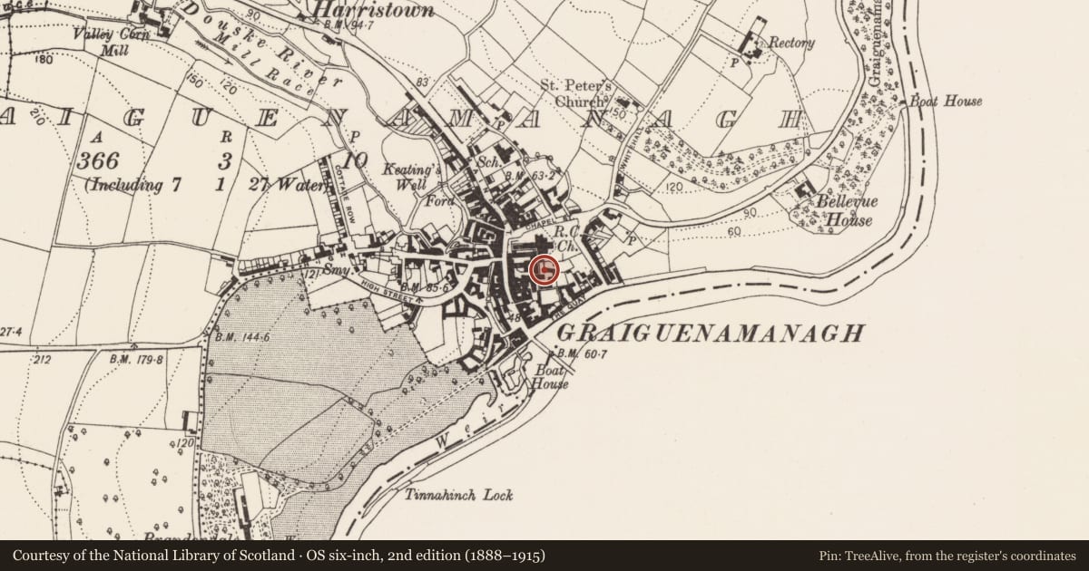 Ordnance Survey six-inch map, 2nd edition (1888–1915) covering the location of Religious house - Cistercian monks, Graiguenamanagh, County Kilkenny, with a pin at the register's coordinates