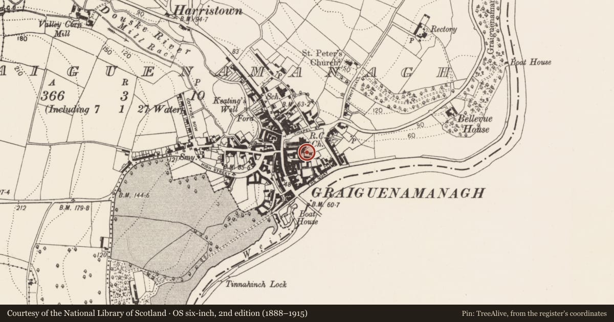 Ordnance Survey six-inch map, 2nd edition (1888–1915) covering the location of Cross - High cross (present location), Graiguenamanagh, County Kilkenny, with a pin at the register's coordinates