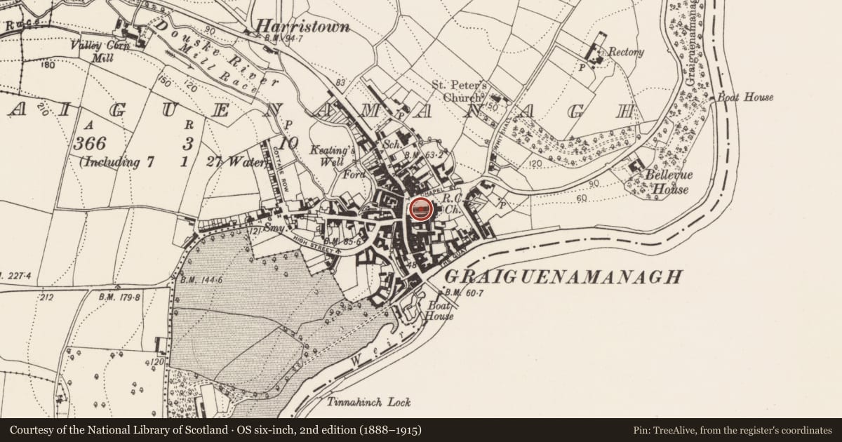 Ordnance Survey six-inch map, 2nd edition (1888–1915) covering the location of Tomb - effigial, Graiguenamanagh, County Kilkenny, with a pin at the register's coordinates