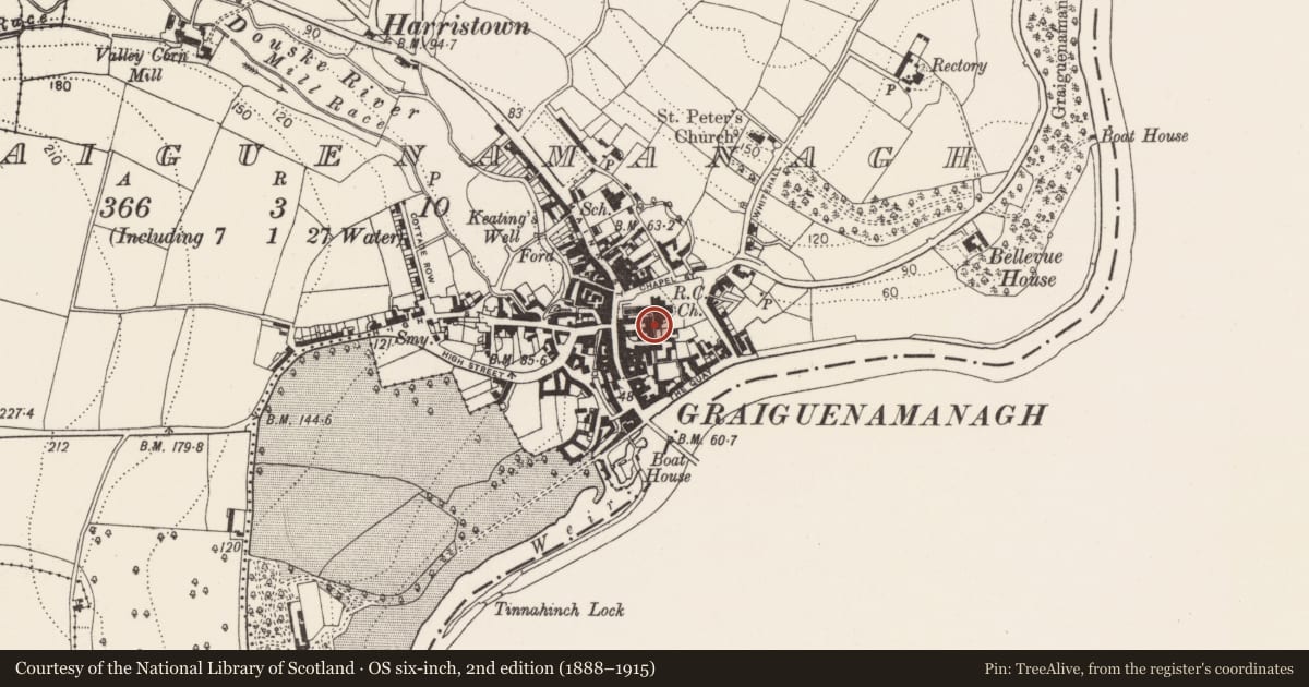 Ordnance Survey six-inch map, 2nd edition (1888–1915) covering the location of Wall monument, Graiguenamanagh, County Kilkenny, with a pin at the register's coordinates