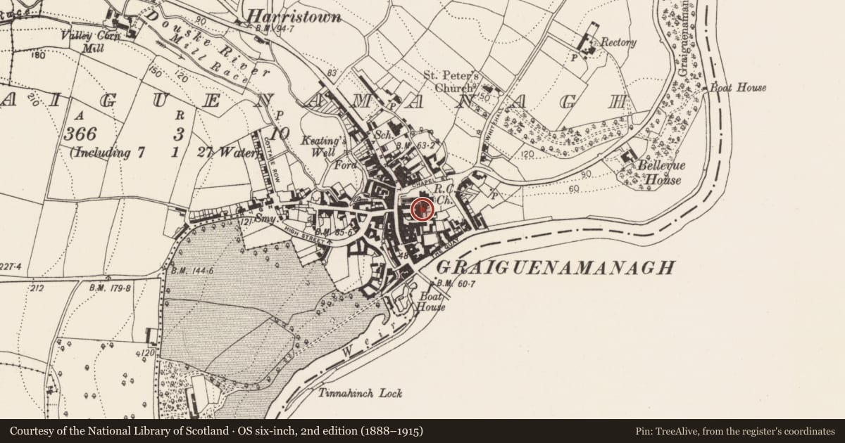 Ordnance Survey six-inch map, 2nd edition (1888–1915) covering the location of Cross, Graiguenamanagh, County Kilkenny, with a pin at the register's coordinates