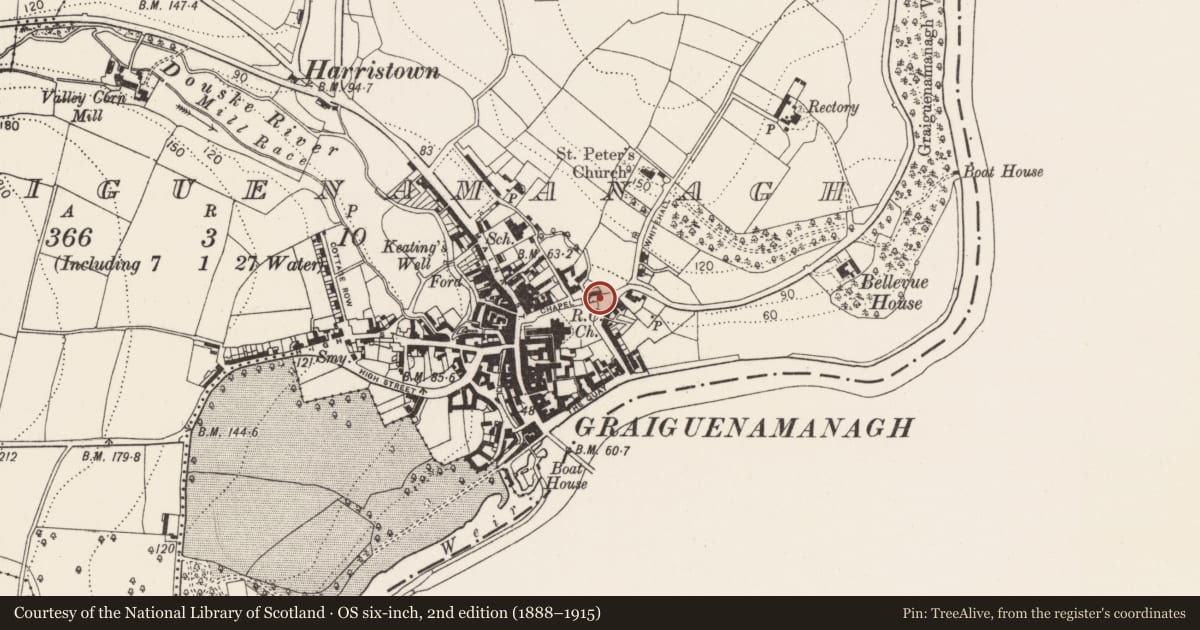 Ordnance Survey six-inch map, 2nd edition (1888–1915) covering the location of Burial, Graiguenamanagh, County Kilkenny, with a pin at the register's coordinates