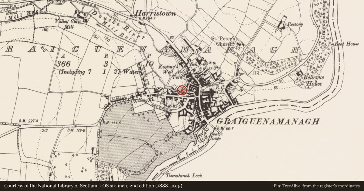 Ordnance Survey six-inch map, 2nd edition (1888–1915) covering the location of Ritual site - holy well, Graiguenamanagh, County Kilkenny, with a pin at the register's coordinates