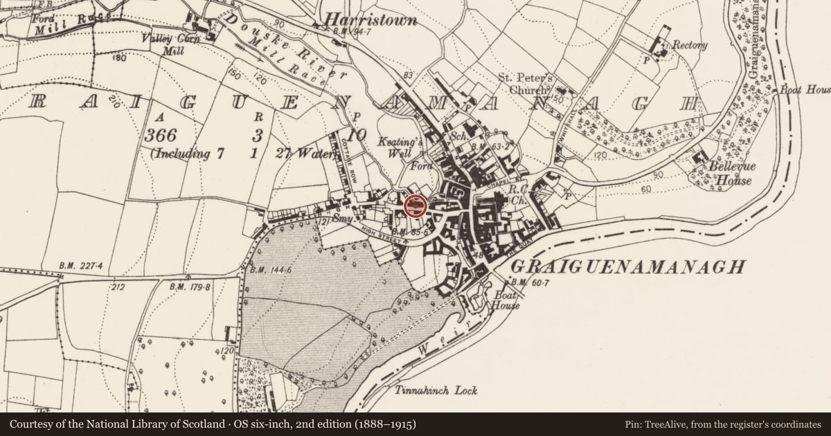 Ordnance Survey six-inch map, 2nd edition (1888–1915) covering the location of Water mill - unclassified, Graiguenamanagh, County Kilkenny, with a pin at the register's coordinates
