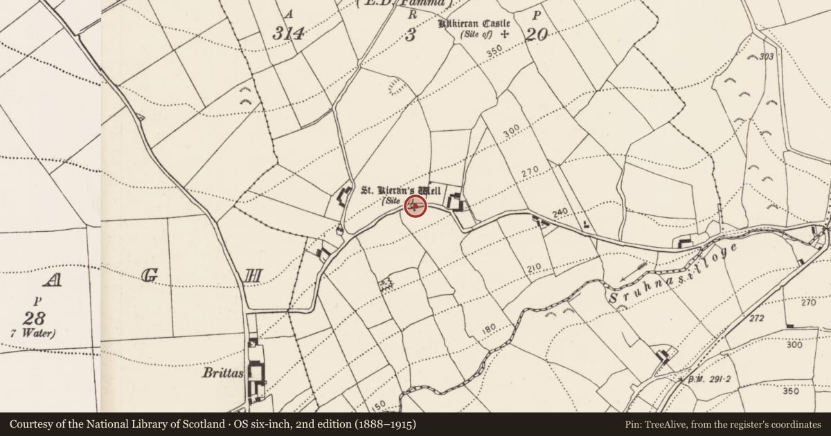 Ordnance Survey six-inch map, 2nd edition (1888–1915) covering the location of Ritual site - holy well, Kilkieran, County Kilkenny, with a pin at the register's coordinates