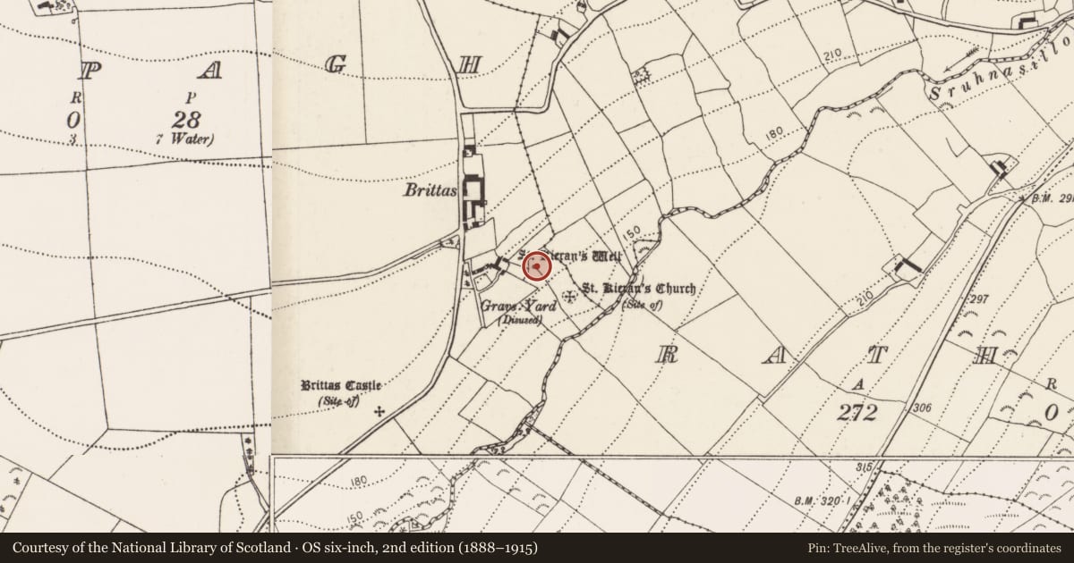 Ordnance Survey six-inch map, 2nd edition (1888–1915) covering the location of Ritual site - holy well, Cappagh, County Kilkenny, with a pin at the register's coordinates