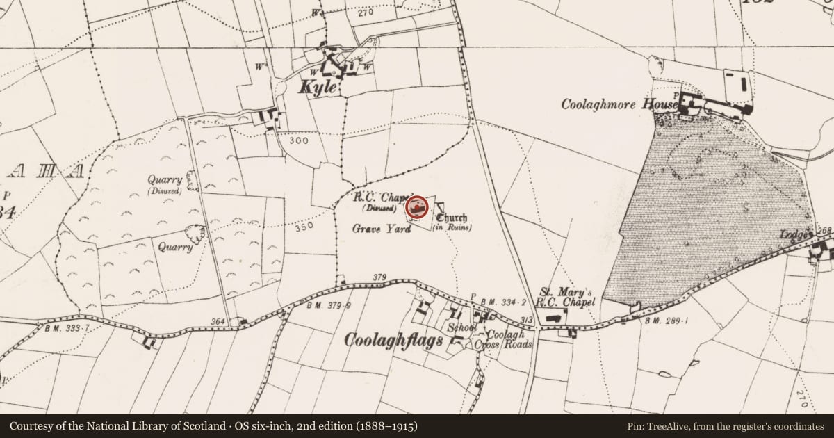 Ordnance Survey six-inch map, 2nd edition (1888–1915) covering the location of Church, Coolaghmore, County Kilkenny, with a pin at the register's coordinates