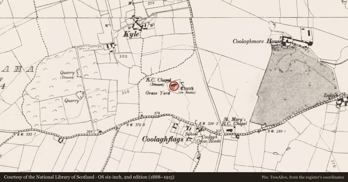 Ordnance Survey six-inch map, 2nd edition (1888–1915) covering the location of Graveyard, Coolaghmore, County Kilkenny, with a pin at the register's coordinates